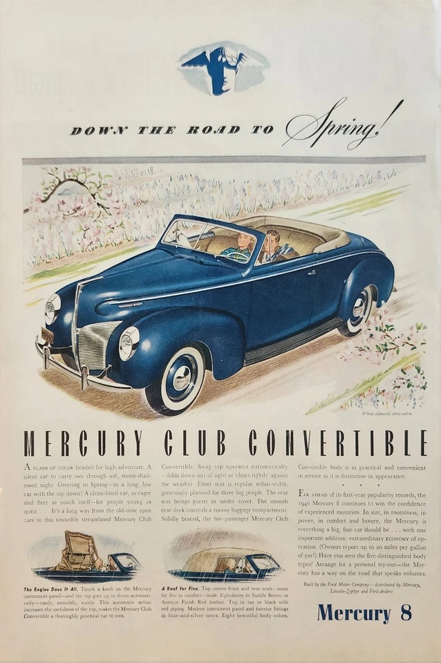 1940 Mercury 8 carro sedã azul anúncio vintage no caminho para a primavera - Imagem 1 de 1