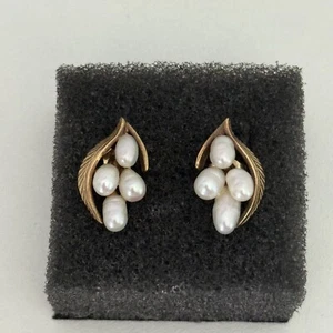 Pendientes de poste de hoja de perlas genuinas de oro amarillo de 14K vintage - Imagen 1 de 11