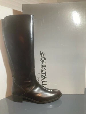 NEW Aquatalia Shiny Dark Brown Leather Elastic Back Side Zip Knee High Boot 9 M - Image 1 of 4