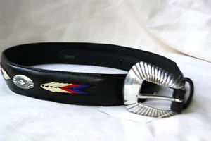 New Tony Lama Black Leather Stitches Silver Kids Belt Size 26 - Picture 1 of 6
