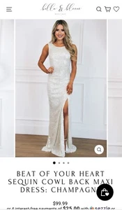 BEAT OF YOUR HEART SEQUIN COWL BACK MAXI DRESS: CHAMPAGNE - Picture 1 of 3