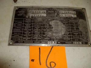 Jaguar mk2 mark2 3.8L 1959-1967 Vin Plate OEM #16 - Picture 1 of 1