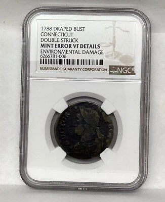 Busto drapeado Connecticut 1788 doble golpe como nuevo error NGC VF detalles daños env Foto 1 de 4