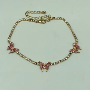 Butterfly Anklet Pink Sparkle & Clear Tennis Ankle Bracelet Boho Hippy Retro - Picture 1 of 12