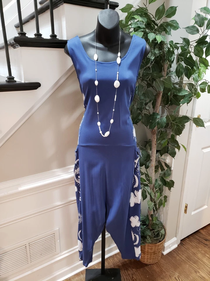 Macacão Aqua Feminino Azul Elástico Casual Cintura Amarrada Sem Mangas Gola Redonda Tamanho M - Imagem 1 de 4