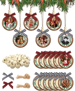 24 Piezas Adornos de Marco de Fotos de Navidad, Adorno de Foto de Madera con Cordel, Redondo - Imagen 1 de 12