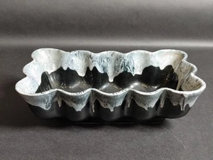 Vtg MCM Drip Glaze Pottery Bowl 8.25" Wavy Edge Black White Lava Console Dish - Picture 1 of 7