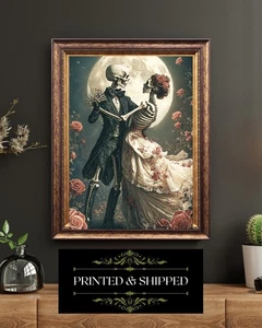 Gothic Skeleton Wedding Moon Dance Romantic Dark Pink Roses Wall Art Print - Picture 1 of 5