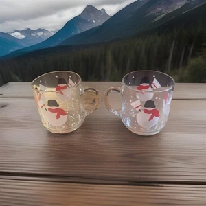 2 Vintage Crate & Barrel Luminarc Snowman Broom Snow Mug cup clear Glass Holiday - Picture 1 of 6