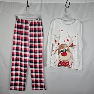 Christmas Pajama Set Youth 12 Long Sleeve Rudolph Tee Plaid Lounge Pants - Picture 1 of 12