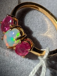 African Ruby And Ethiopian Opal Silver And 18kt Gold Vermeil Ring Size O - Picture 1 of 10