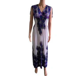 Maxi vestido para mujer con estampado de plumas de pavo real - cuello en V cintura ajustada, talla M - Imagen 1 de 11