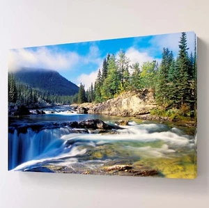 Nature Green Forest Waterfall Mountain Lake Canvas Wall Art Picture Framed Print - Picture 1 of 8