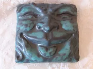 RARE Vintage 1992 Pewabic Pottery Turquoise Comedy Mask Tile - Picture 1 of 6