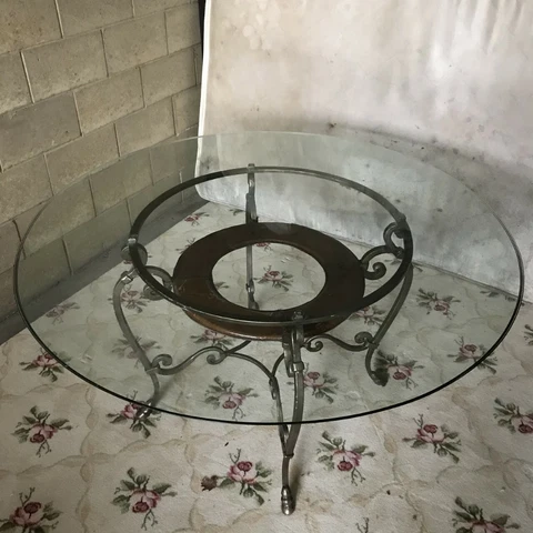 Vintage Wrought Iron Base 42" Round Glass Ogee Edge Top Dining Table Cover