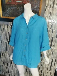 Chico's Shirt Size 3.5 US 18 Blue Linen Non-Iron Button Up Roll Tab Sleeve 0255 - Picture 1 of 6