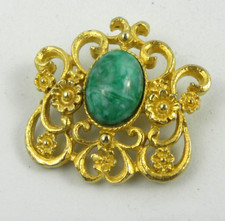 Vintage Faux Jade Ornate Brooch Pin Gold Tone Flowers Textured Framed Cabochon
