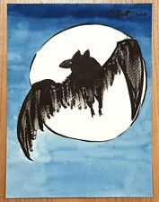 CHRIS ZANETTI Original Watercolor Painting BAT Wildlife Full Moon 8x6 Signed Art