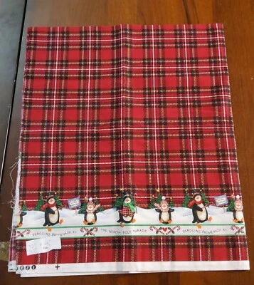 Daisy Kingdom Vintage Penguin Border Fabric 2 Yards Plaid Red Tuxedo Junction - Image 1 of 3