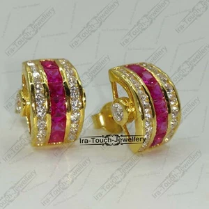 2Ct Princess Ruby Lab Created Hoop Huggie Womens Earrings 14k Yellow Gold Plated - Picture 1 of 6