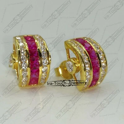 2Ct Princess Ruby Lab Created Hoop Huggie Womens Earrings 14k Yellow Gold Plated - Image 1 of 4