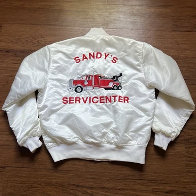 Vintage 70s Bomber Jacket Large Mens White Satin Embroidered Trucking Tow USA - Image 1 of 4