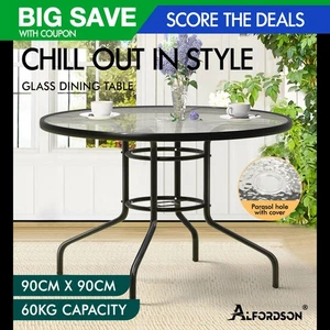 ALFORDSON Outdoor Furniture Patio Dining Table Garden 90CM Round Glass Black - Picture 1 of 11