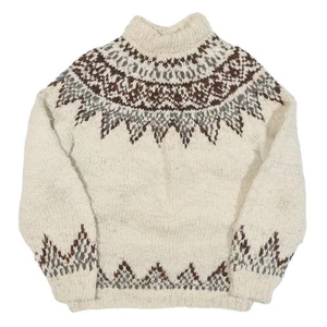 Womens Cream Brown Grey Patterned Heavy Knit Wool Roll Neck Jumper XS Winter - Picture 1 of 6