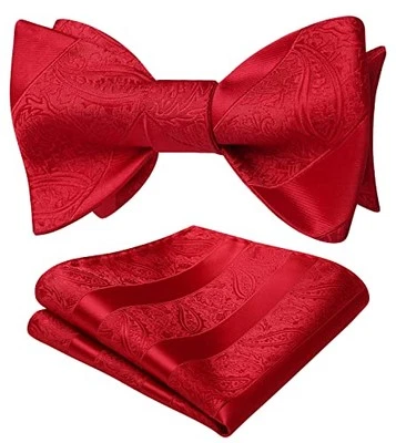  Men's Bow Ties Self Tie Woven Satin Pocket Squares Set Formal Tuxedo Red -4 - Image 1 of 4