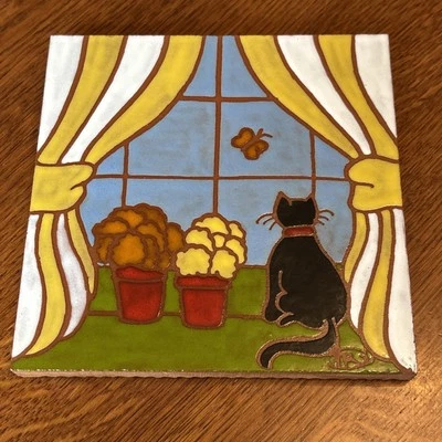 "Azulejo de arte americano Sandra Adrian gato freír en ventana de colección Nuevo México 6""" Foto 1 de 4