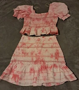 Free The Roses Women's Tie-dye Puff Sleeve Smocked Ruffle Top-Skirt Match Set M - Picture 1 of 14