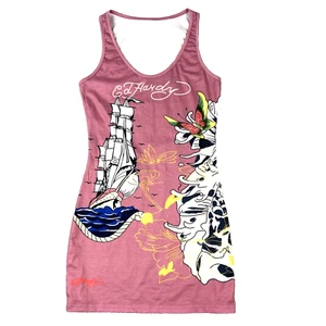 Ed Hardy Womens S Purple Tunic Length Tank Top Dress Pop Art Tall Ship Butterfly - Picture 1 of 7