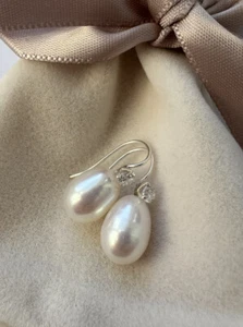925 Sterling Silver Freshwater Pearl Zircon Hook Earrings - Picture 1 of 7