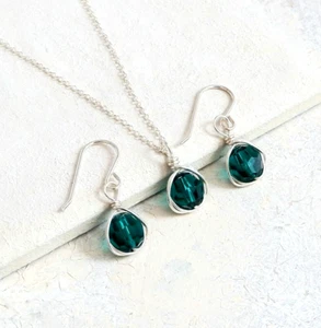 Emerald Crystal Necklace Drop Earrings Set, May Birthstone 925 Silver Handmade - Picture 1 of 5
