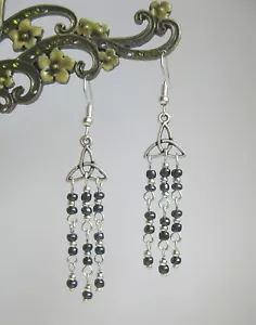 Celtic Triquetra Trinity Knot and Black Lustre Beads Dainty Chandelier Earrings - Picture 1 of 7