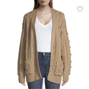 White & Warren Strickjacke Bommelstich Gr. M Merinowolle hellbraun Zopfmuster camel - Bild 1 von 12