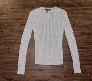 Lauren Ralph Lauren Sweater Womens Petite Small Silver Cable Knit Crewneck Silk - Picture 1 of 5