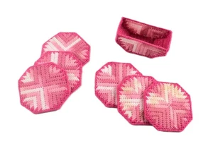 Handmade Plastic Canvas Coasters w/ Storage Keeper Box Set 6 in pink - Picture 1 of 5