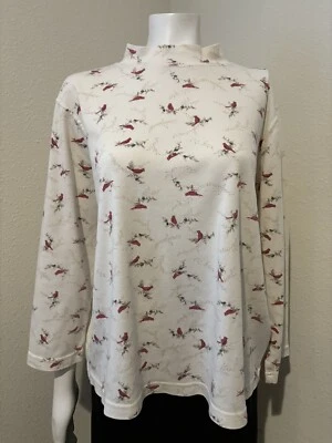 Nuevo Top Mujer Ciervo Blanco Cuello Simulado Manga Larga Algodón Marfil Rojo Pájaros Talla 16W Foto 1 de 4
