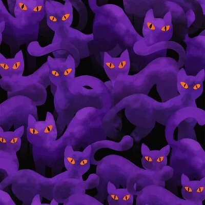 Feline Drive Fabric BOO! PUNCH Halloween Cats Purple Hoffman - Sold by the Yard - Image 1 of 4