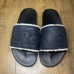 Polo Ralph Lauren Men's Black Suede Fur Slide Slip On Sandals Size 12 - Picture 1 of 3