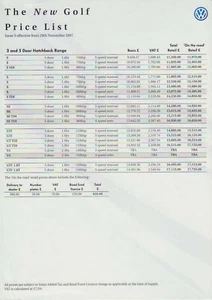 VW Golf Original UK Price List 1997 November Single Sheet - Picture 1 of 1