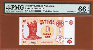 Moldova 10 Lei 2009 SOLID Serial 222222 Pick-10f PMG 66 Gem UNC - Picture 1 of 2
