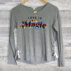 Love Glam Girl Dani Long Sleeve Grey Top NEW L 14 Holographic Rainbow Lace Up - Picture 1 of 4