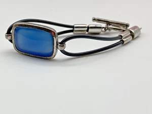 Sterling Silver 925 Bracelet Blue Chalcedony Leather Strap 15.95g - Picture 1 of 10
