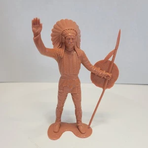 1964 Louis Marx & Co 6" Indian Chief Spear Shield Headdress Plastic Toy Figure  - Picture 1 of 9