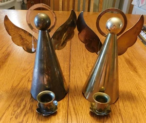 25-799 Set of 2 Vintage Brass 6.5" Angel Taper Candle Candleholders Solid Heads - Picture 1 of 6