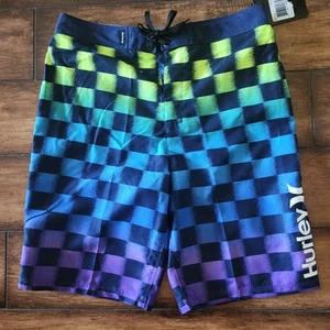 NWT Hurley Boys Boardshorts Swim Trunks Swimsuit Blue Green Checkered 16 28 - Picture 1 of 2