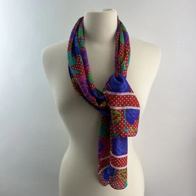 LIZ CLAIBORNE Silk Oblong Scarf Red Blue Rose Polka Dot 9.5” x 51” - Image 1 of 4