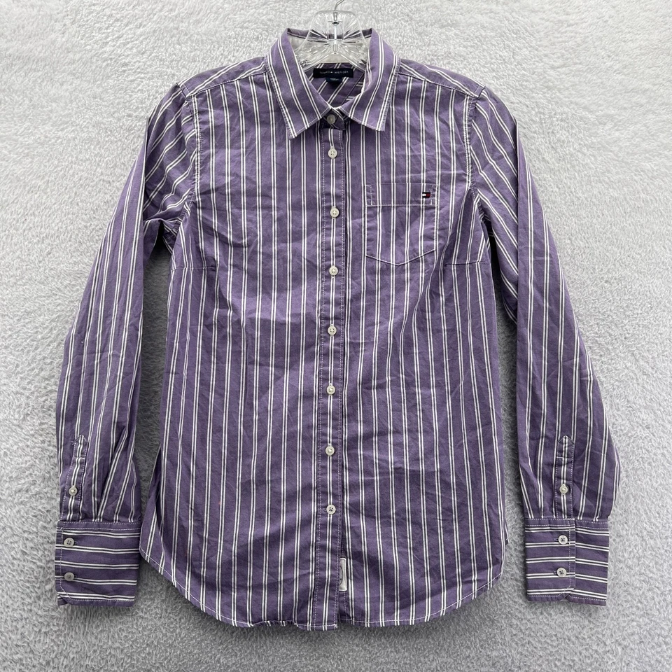 Camisa Tommy Hilfiger con botones para mujer XS púrpura blanco a rayas algodón Top TP XP Foto 1 de 4